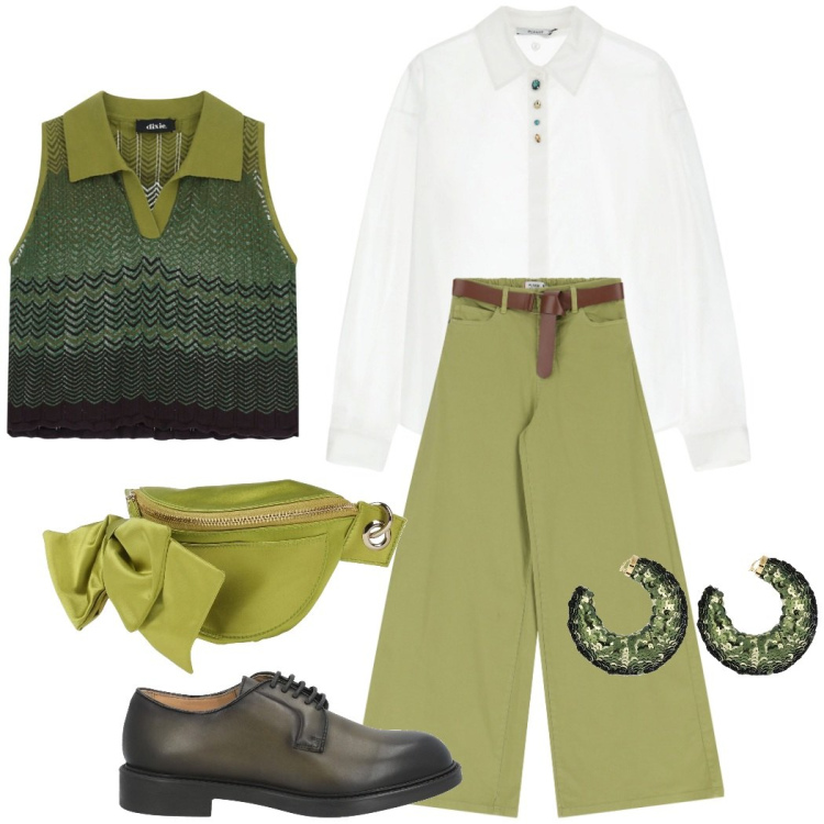 Outfit donna - Aperitivo con le amiche. Stile Trendy per Tutti i giorni. Abbinamento con scarpe stringate, marsupi, pantaloni, camicie, maglieria, orecchini.