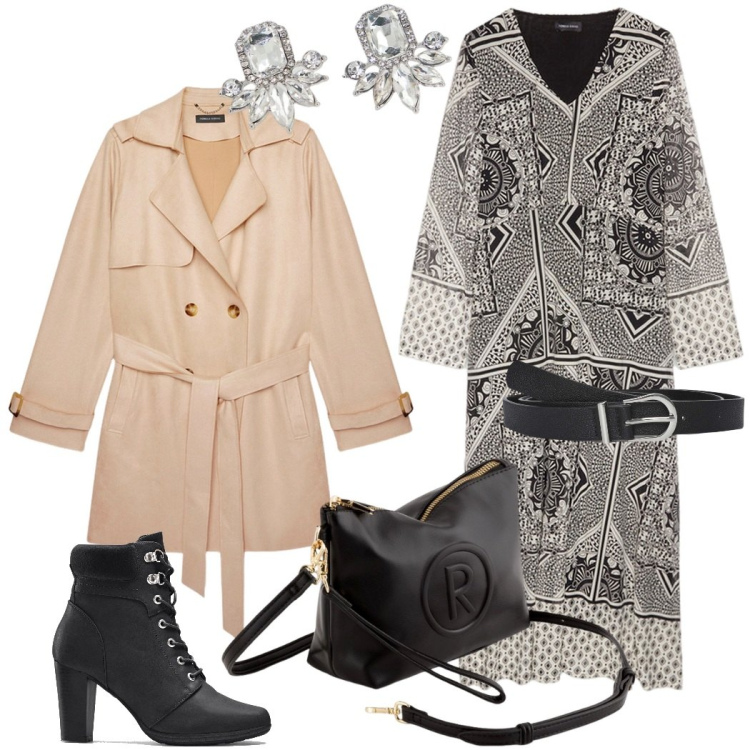Outfit donna - Aperitivo dopo l\'ufficio. Stile Etnico per Tutti i giorni. Abbinamento con stivaletti, cinture, orecchini, trench, vestiti lunghi, valigie.