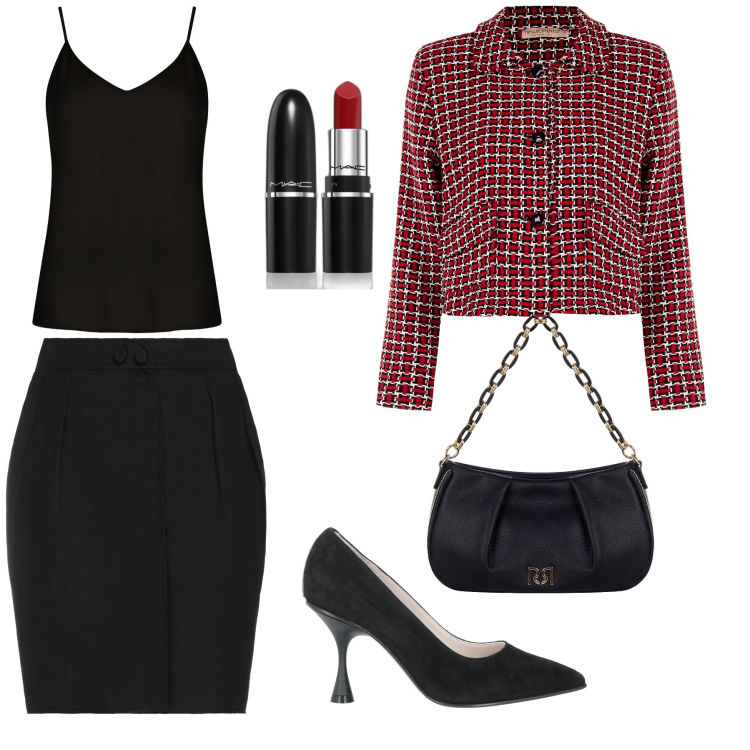 Outfit donna - Stile coco. Stile Chic per Serata fuori. Abbinamento con décolleté, minigonne, rossetti, blazer, borse a tracolla, top.