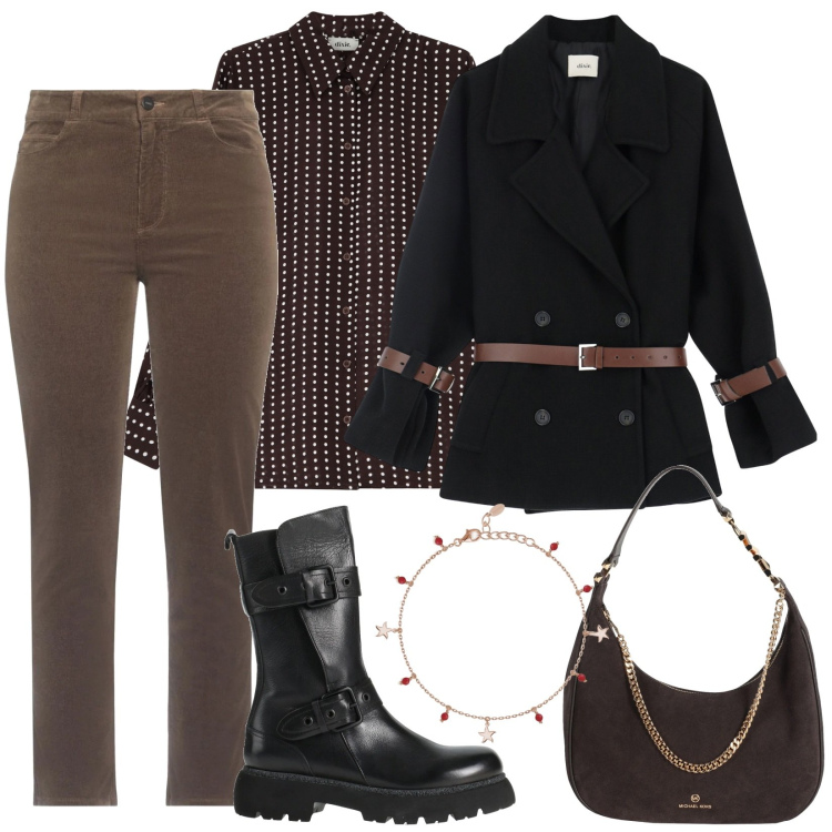 Outfit donna - Total look #2074513. Stile Casual per Ufficio. Abbinamento con pantaloni, stivaletti, borse a spalla, braccialetti con ciondoli, camicie, blazer.