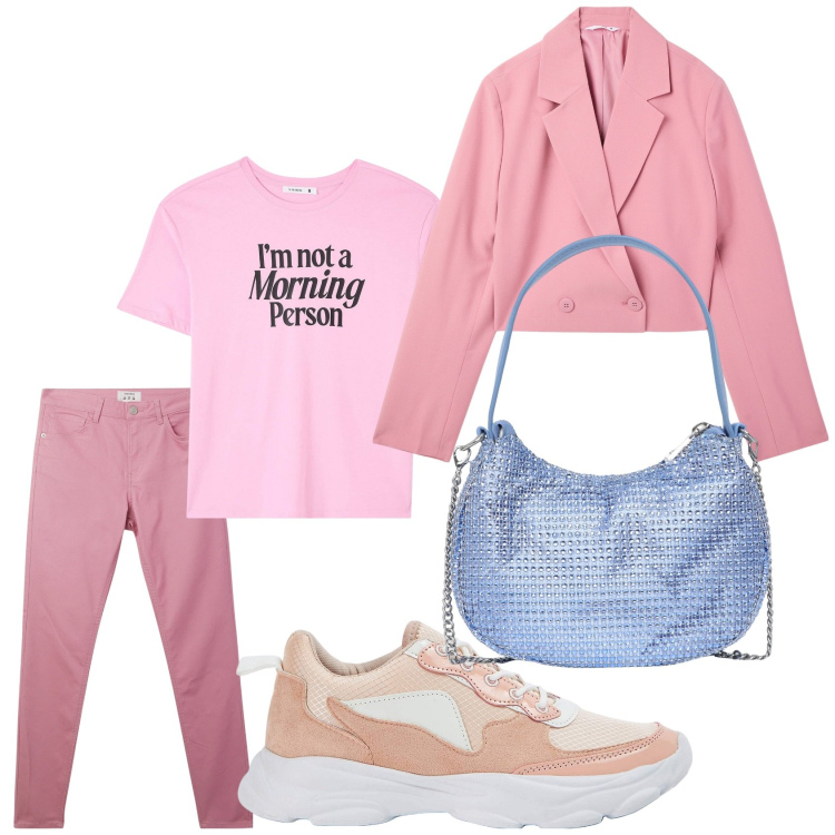 Outfit donna - Total look #2074514. Stile Basic per Tutti i giorni. Abbinamento con blazer, borse a spalla, sneakers, t-shirt, pantaloni.