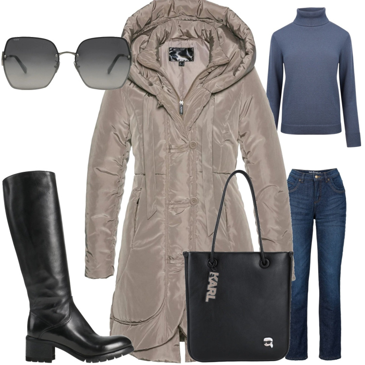 Outfit donna - Sera d\'inverno. Stile Casual per Tutti i giorni. Abbinamento con stivali, borse a spalla, occhiali da sole, jeans dritti, blazer, maglieria.