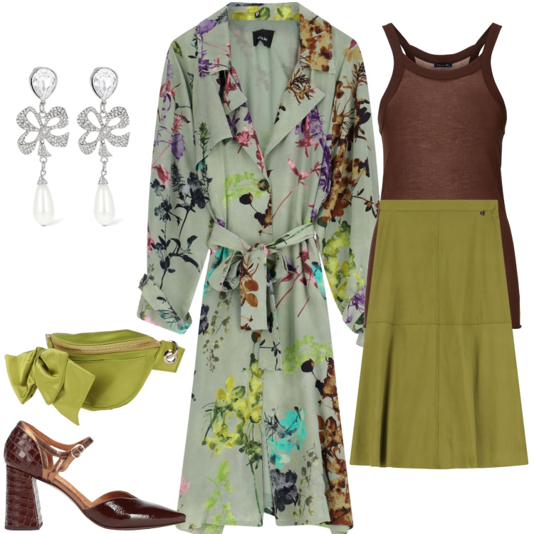 Outfit donna - Trench fantasia. Stile Bon Ton per Serata fuori. Abbinamento con marsupi, décolleté, trench, gonne longuette, orecchini, canottiere.