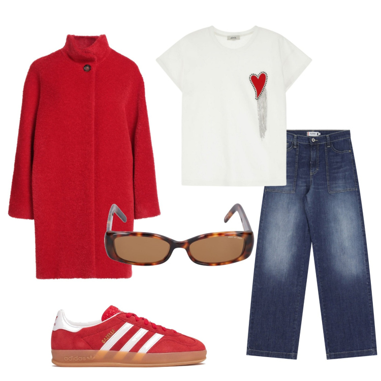 Outfit donna - Love me love. Stile Trendy per Tutti i giorni. Abbinamento con cappotti, jeans, t-shirt, occhiali da sole, sneakers.