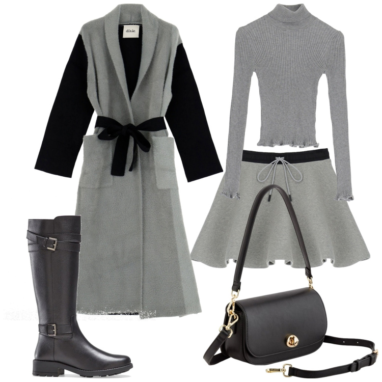 Outfit donna - Serata in stivali. Stile Casual chic per Serata fuori. Abbinamento con stivali, maglieria, minigonne, cappotti, borse a tracolla.