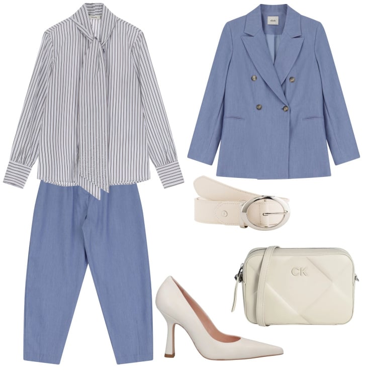 Outfit donna - In riunione di lavoro. Stile Casual chic per Ufficio. Abbinamento con borse a tracolla, décolleté, blazer, pantaloni, camicie, cinture.