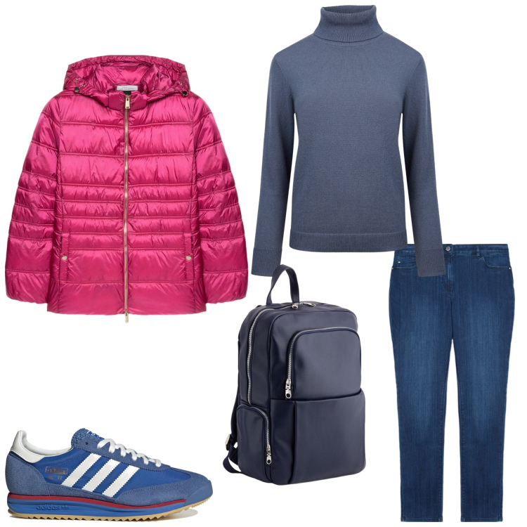 Outfit donna - Gita di primavera. Stile Casual per Tutti i giorni. Abbinamento con piumini, maglieria, jeans skinny, zaini, sneakers.