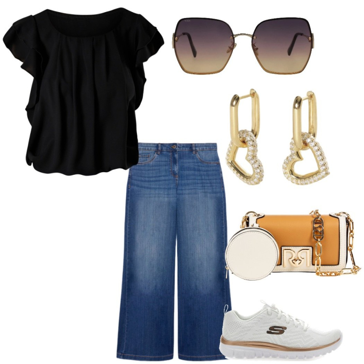 Outfit donna - Un tocco di romanticismo. Stile Urban per Tutti i giorni. Abbinamento con occhiali da sole, orecchini, bluse, pochette, sneakers, jeans.