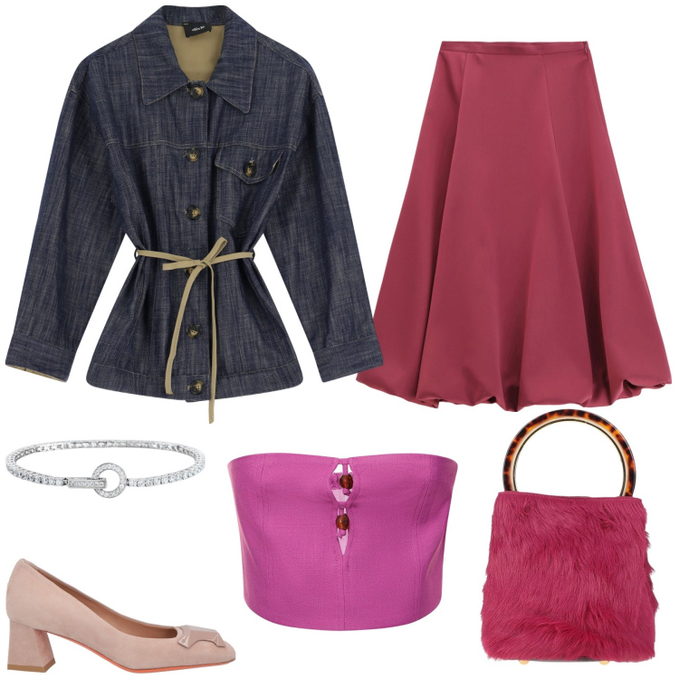 Outfit donna - Borsa bracciale. Stile Casual chic per Tutti i giorni. Abbinamento con décolleté, borse a mano, braccialetti, gonne longuette, blazer, top.