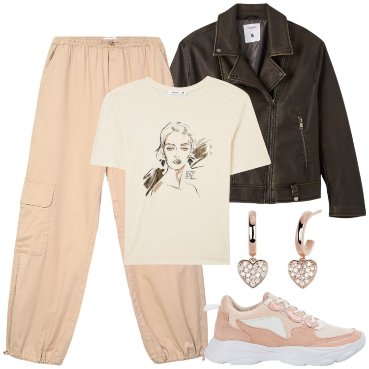 Outfit donna - Sporty pink. Stile Sporty chic per Tutti i giorni. Abbinamento con pantaloni cargo, t-shirt, giacche, sneakers, orecchini.