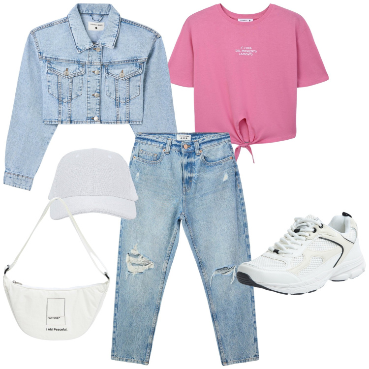 Outfit donna - Il denim. Stile Casual per Tutti i giorni. Abbinamento con marsupi, jeans mom, cappelli con visiera, t-shirt, sneakers, blazer.