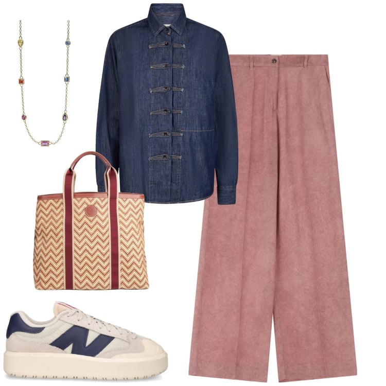 Outfit donna - City. Stile Urban per Tutti i giorni. Abbinamento con borse a mano, collane, pantaloni a palazzo, camicie, sneakers.