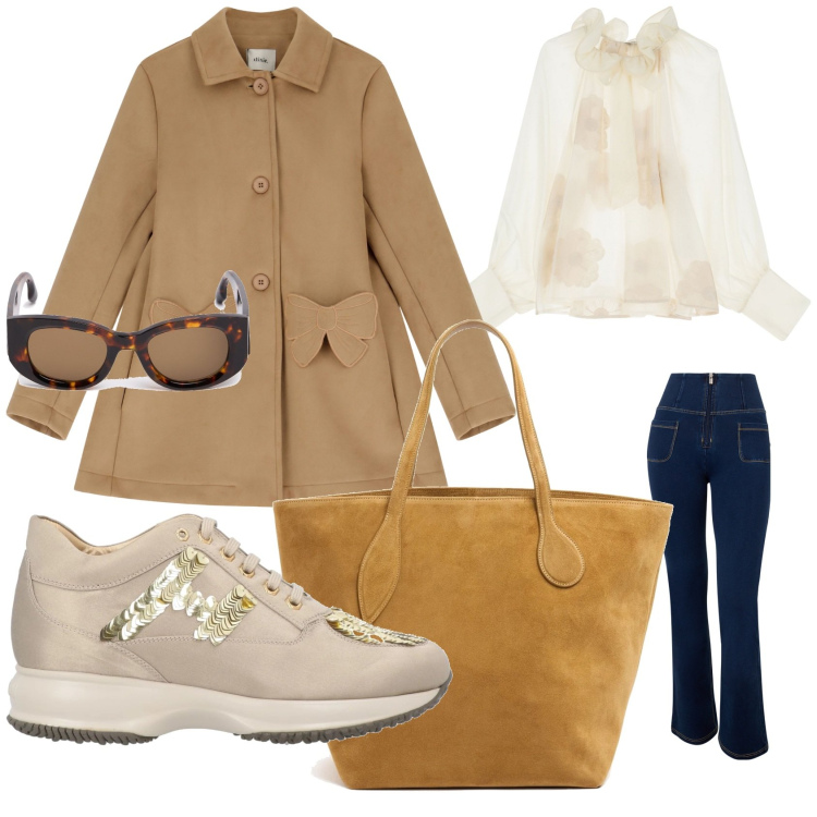 Outfit donna - Di corsa al lavoro. Stile Casual per Ufficio. Abbinamento con sneakers, bluse, cappotti, jeans, occhiali da sole, shopping bag.