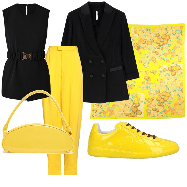 Outfit donna - Color mimosa. Stile Casual chic per Tutti i giorni. Abbinamento con sneakers, pantaloni, sciarpe, blazer, bluse, borse a spalla.