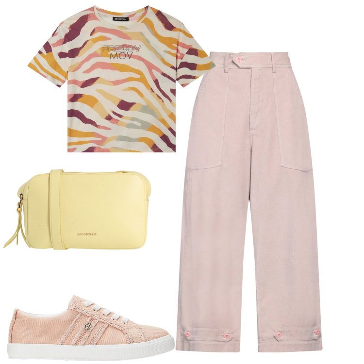 Outfit donna - Colori pastello. Stile Casual per Tutti i giorni. Abbinamento con borse a tracolla, pantaloni, t-shirt, sneakers.