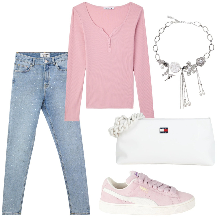 Outfit donna - Basic in rosa. Stile Basic per Tutti i giorni. Abbinamento con sneakers, borse a mano, jeans skinny, t-shirt, collane.