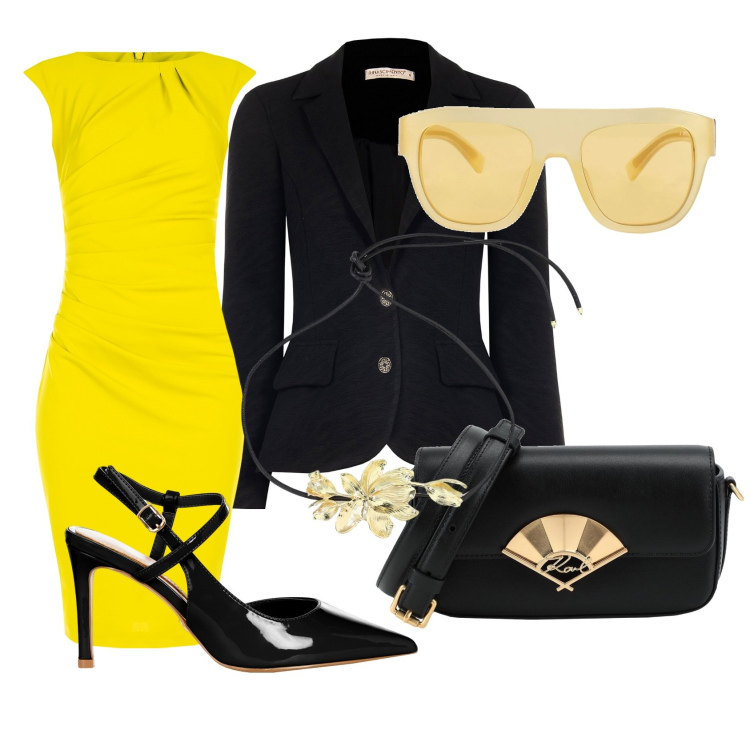 Outfit donna - Meeting deciso. Stile Chic per Ufficio. Abbinamento con borse a tracolla, occhiali da sole, collane, vestiti a tubino, décolleté, blazer.