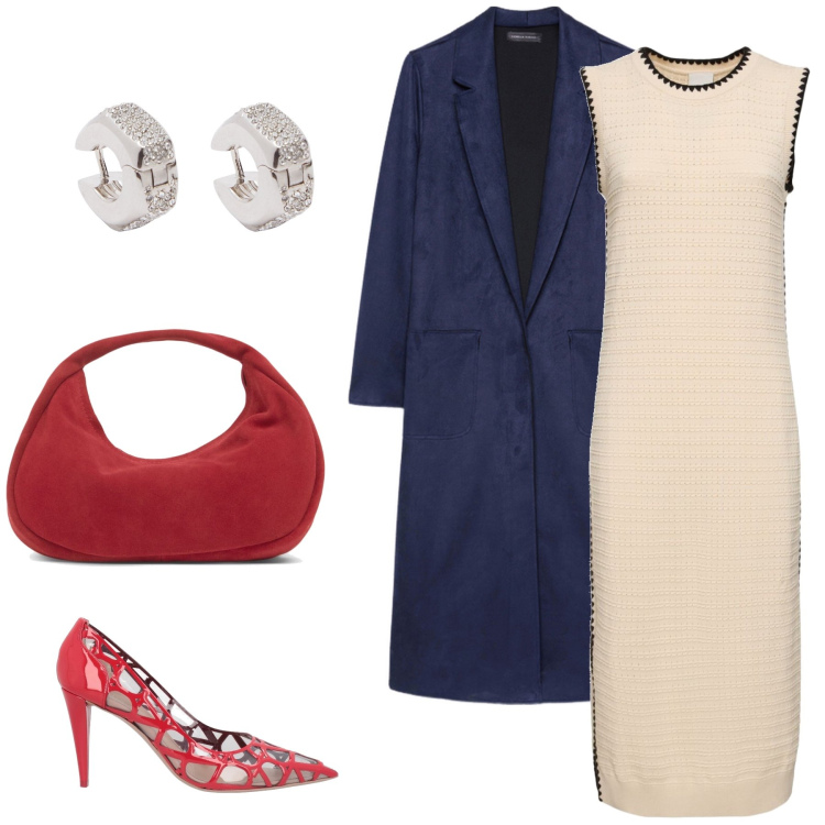 Outfit donna - Geometrie tricolor. Stile Chic per Serata fuori. Abbinamento con décolleté, trench, borse a mano, vestiti midi/longuette, orecchini.