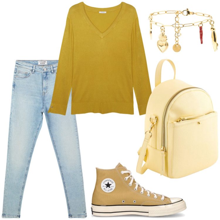 Outfit donna - Jeans skinny. Stile Basic per Tutti i giorni. Abbinamento con jeans skinny, braccialetti, sneakers, maglieria, zaini.