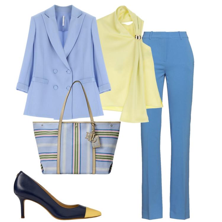 Outfit donna - Pastel power. Stile Urban per Tutti i giorni. Abbinamento con pantaloni, top, blazer, décolleté, borse tote.