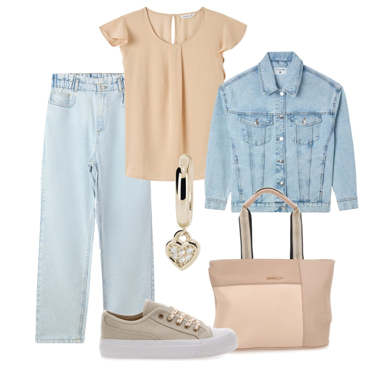 Outfit donna - La blusa romantica sui jeans. Stile Casual per Tutti i giorni. Abbinamento con jeans, bluse, cappotti, orecchini, sneakers, borse a spalla.