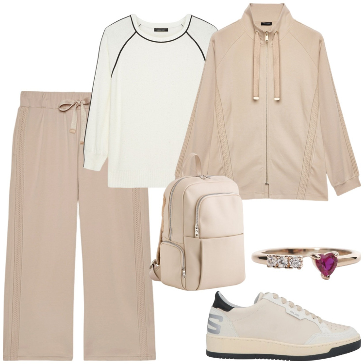 Outfit donna - Mattinata frenetica. Stile Basic per Tutti i giorni. Abbinamento con sneakers, anelli, pantaloni, maglieria, felpe, zaini.