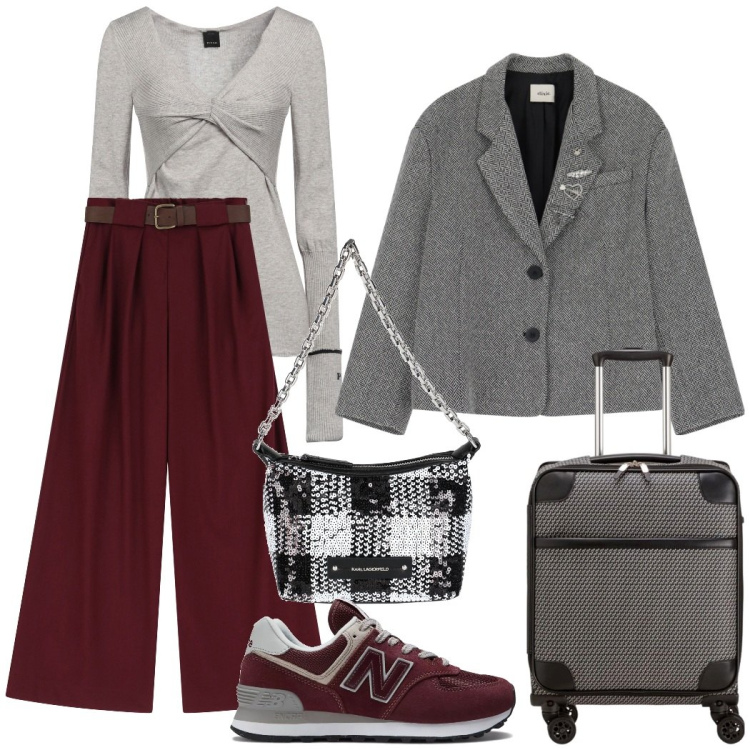 Outfit donna - Viaggio breve. Stile Urban per Tutti i giorni. Abbinamento con pullovers, borse a mano, pantaloni a palazzo, blazer, sneakers, valigie.