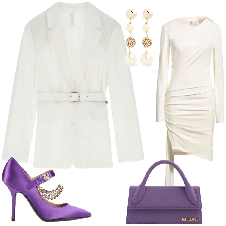 Outfit donna - Domenica di primavera. Stile Chic per Cerimonia. Abbinamento con vestiti corti, décolleté, blazer, borse a mano, orecchini.