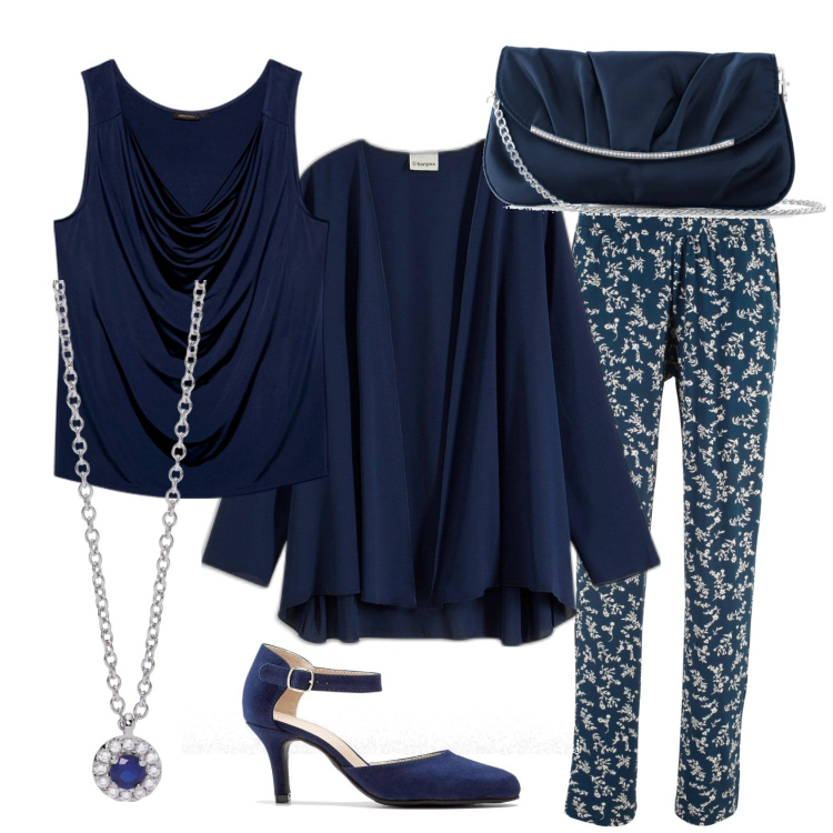 Outfit donna - Cerimonie cercasi. Stile Bon Ton per Cerimonia. Abbinamento con pantaloni, décolleté, pochette, blazer, collane, top.