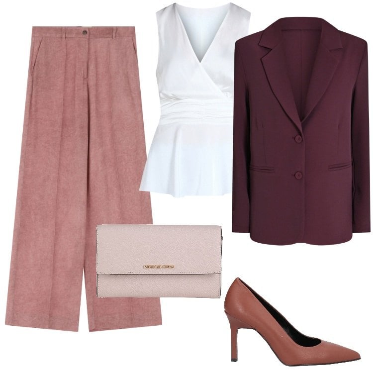 Outfit donna - Minimal chic pastello. Stile Minimal per Cerimonia. Abbinamento con décolleté, borse a mano, top, blazer, pantaloni a palazzo.