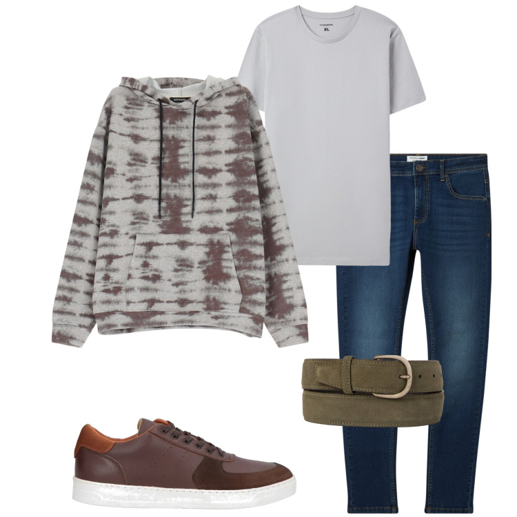 Outfit uomo - Con gli amici. Stile Casual per Serata speciale. Abbinamento con sneakers, t-shirt, jeans skinny, felpe con cappuccio, cinture.
