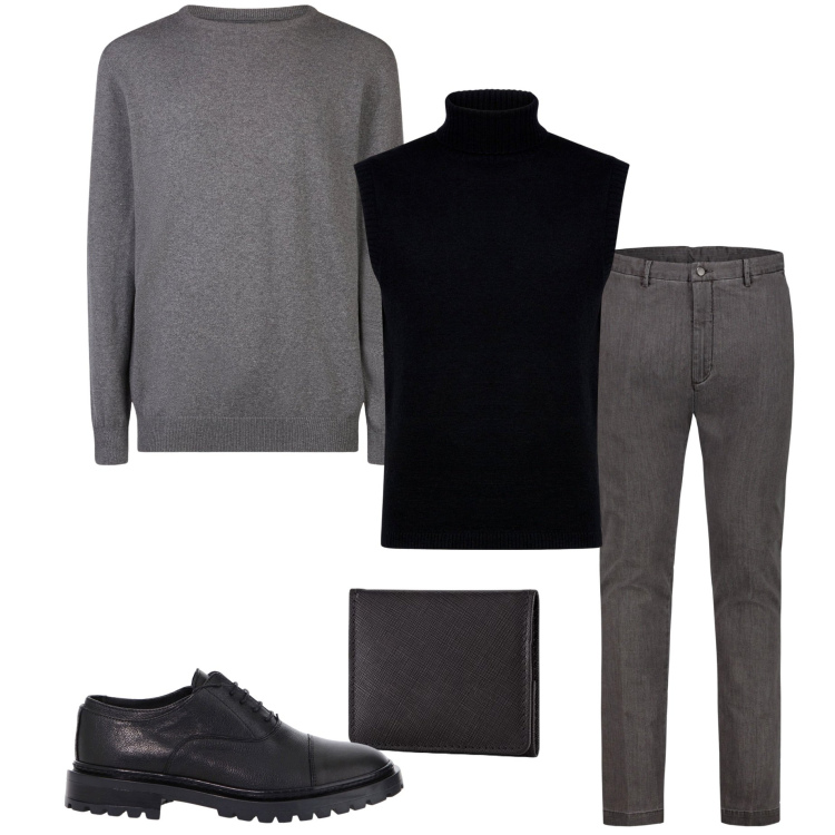 Outfit uomo - In ufficio. Stile Business/Elegante per Ufficio. Abbinamento con scarpe stringate, gilet, maglieria, pantaloni, portamonete.