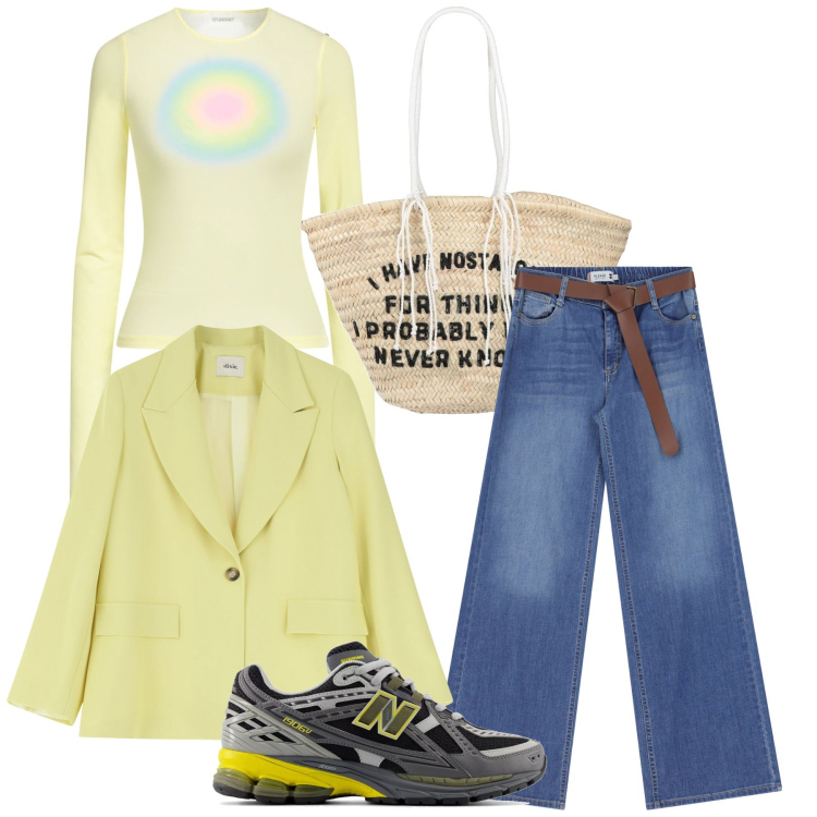 Outfit donna - Luminosa. Stile Basic per Tutti i giorni. Abbinamento con borse a spalla, t-shirt, sneakers, jeans, blazer.