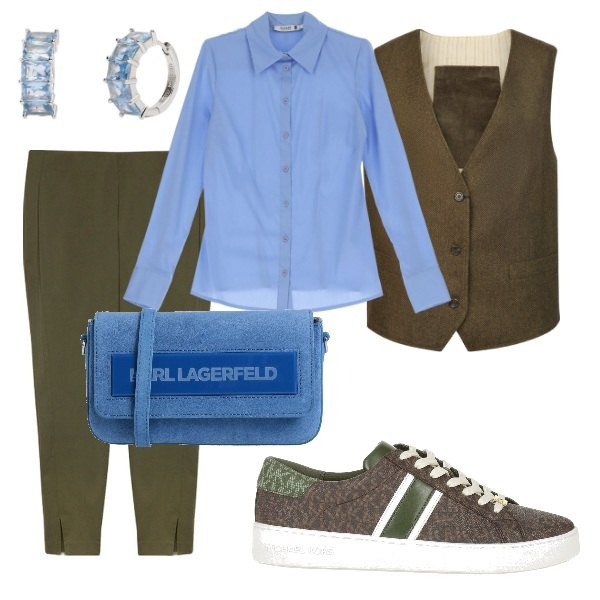 Outfit donna - A spasso per la città. Stile Casual chic per Tutti i giorni. Abbinamento con borse a tracolla, sneakers, camicie, orecchini, pantaloni skinny, gilet.