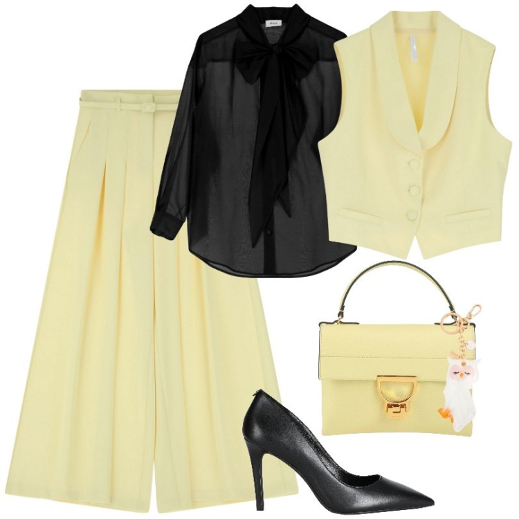 Outfit donna - Dona equilibrio alla tua figura. Stile Casual chic per Serata fuori. Abbinamento con décolleté, borse a mano, pantaloni, gilet, camicie, portachiavi.
