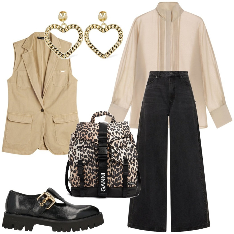 Outfit donna - Uno zainetto e via. Stile Urban per Tutti i giorni. Abbinamento con mocassini, gilet, camicie, zaini, orecchini, pantaloni.