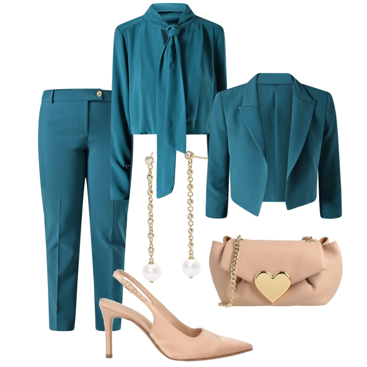 Outfit donna - Completo ottanio al matrimonio. Stile Chic per Cerimonia. Abbinamento con borse a tracolla, décolleté, orecchini, pantaloni, blazer, bluse.