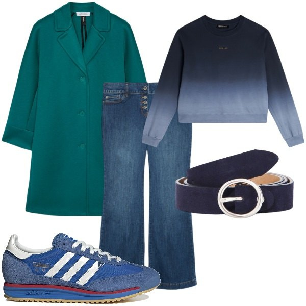 Outfit donna - A spasso per la città. Stile Trendy per Tutti i giorni. Abbinamento con felpe, cinture, jeans, cappotti, sneakers.
