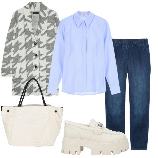 Outfit donna - Aspettando la primavera. Stile Trendy per Tutti i giorni. Abbinamento con mocassini, borse a mano, camicie, jeggings, cardigans.