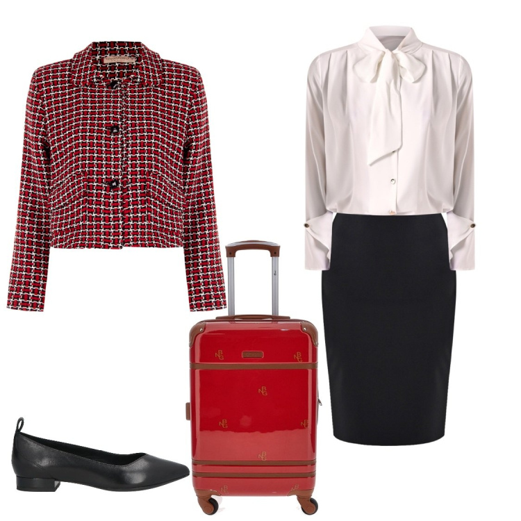 Outfit donna - Trasferta di lavoro. Stile Bon Ton per Ufficio. Abbinamento con ballerine, bluse, gonne, blazer, valigie.