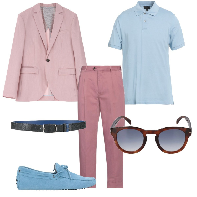 Outfit uomo - Colori pastello. Stile Trendy per Cerimonia. Abbinamento con scarpe stringate, pantaloni, polo, cinture, giacche, occhiali da sole.