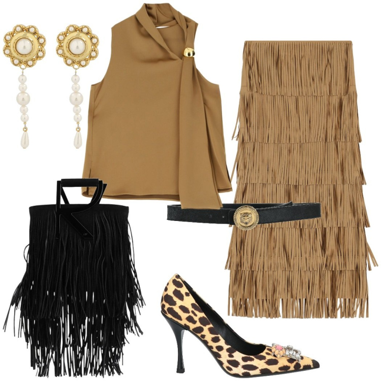 Outfit donna - Serata evento. Stile Etnico per Serata fuori. Abbinamento con borse a mano, décolleté, cinture, top, gonne lunghe, orecchini.