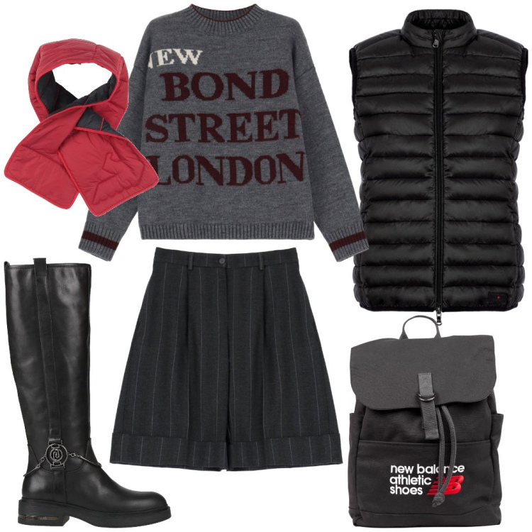 Outfit donna - Lezione all\' università. Stile Urban per Scuola/Università. Abbinamento con stivali, sciarpe, zaini, bermuda, maglieria, piumini.