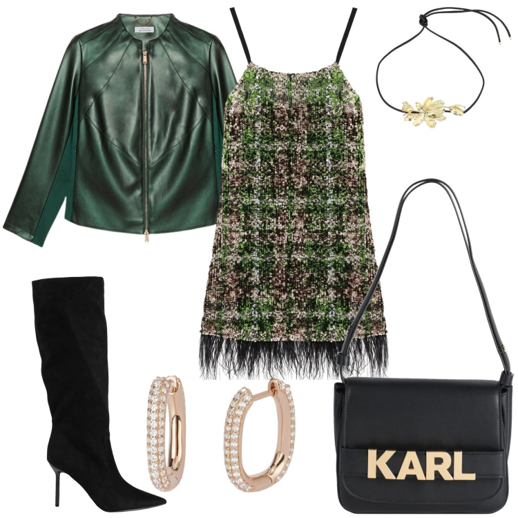 Outfit donna - Abito con paillettes e bordo piumato. Stile Glamour per Serata fuori. Abbinamento con stivali, borse a mano, orecchini, vestiti, collane, blazer.