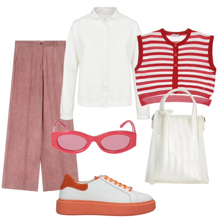 Outfit donna - Direi quasi primavera. Stile Trendy per Tutti i giorni. Abbinamento con sneakers, borse a mano, pantaloni a palazzo, gilet, occhiali da sole, camicie.