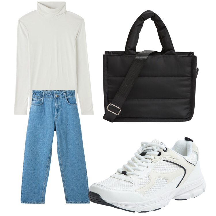 Outfit donna - Aperitivo. Stile Trendy per Tutti i giorni. Abbinamento con jeans, shopping bag, maglieria, sneakers.