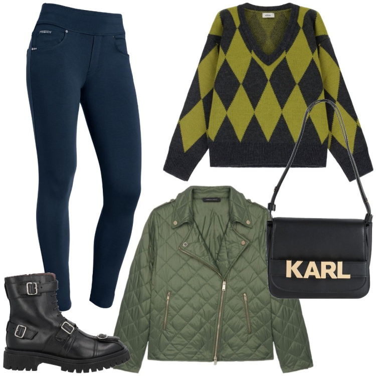 Outfit donna - Verde muschio. Stile Casual chic per Ufficio. Abbinamento con stivaletti, borse a mano, pantaloni skinny, pullovers, piumini.