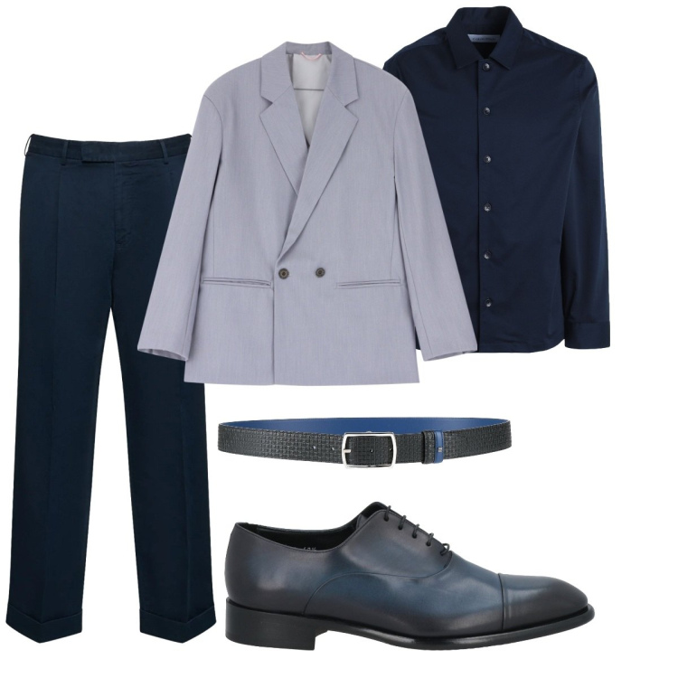 Outfit uomo - Il grigio con il blu. Stile Business/Elegante per Ufficio. Abbinamento con scarpe stringate, camicie, cinture, giacche, pantaloni.