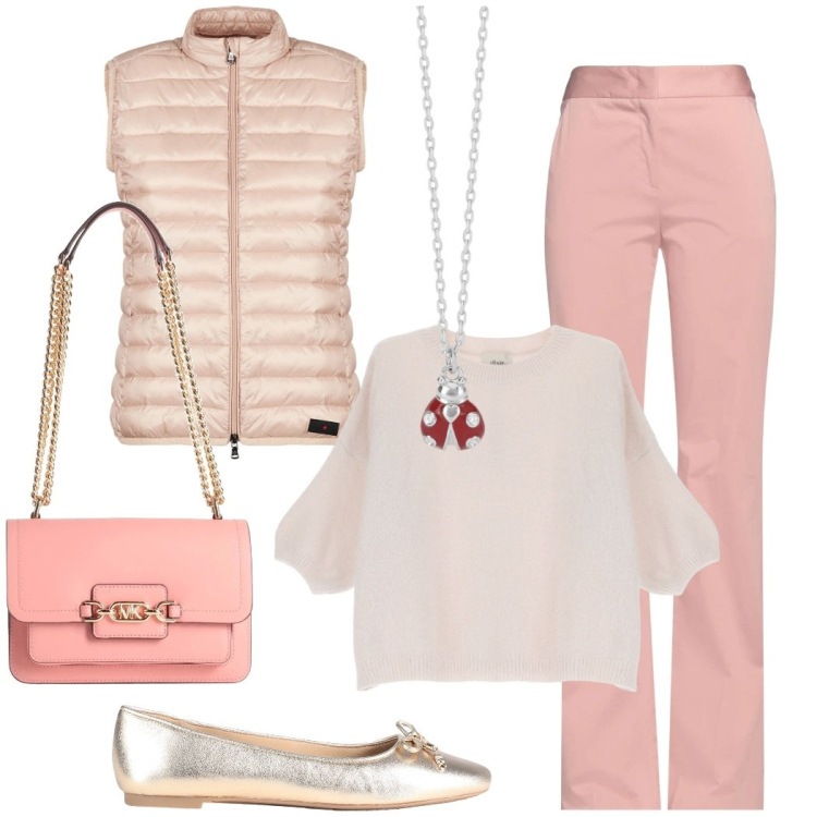 Outfit donna - Outfit pastello. Stile Chic per Tutti i giorni. Abbinamento con borse a spalla, pantaloni, ballerine, collane, piumini, pullovers.
