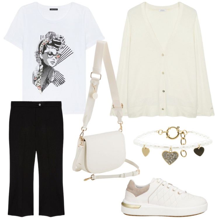 Outfit donna - Total look #2074692. Stile Casual chic per Tutti i giorni. Abbinamento con sneakers, braccialetti, cardigans, t-shirt, pantaloni, borse a tracolla.